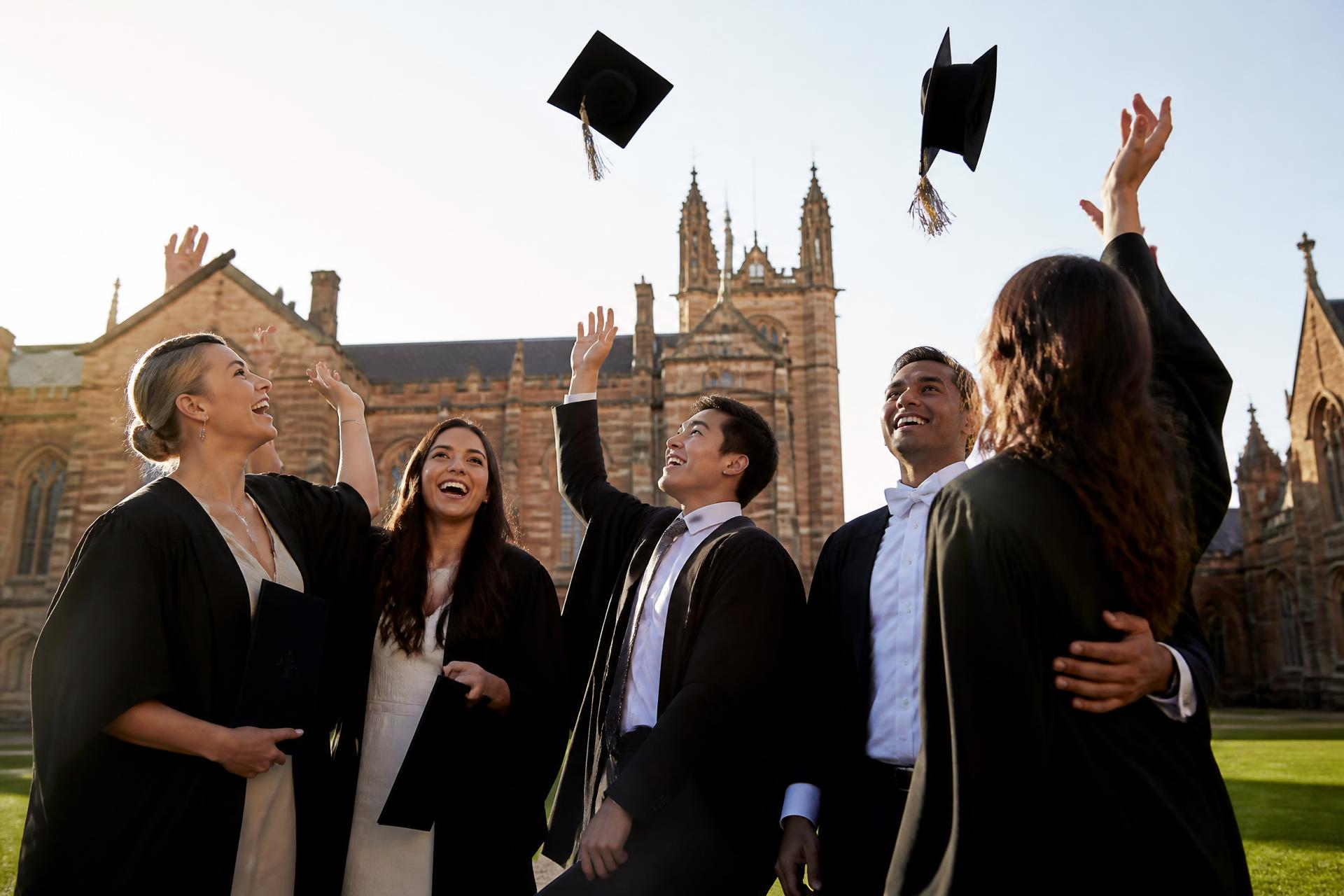 Diverse group of UK university students walking together on a sunlit university campus at golden hour